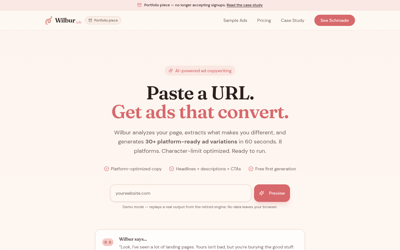 Wilbur Ads interface screenshot